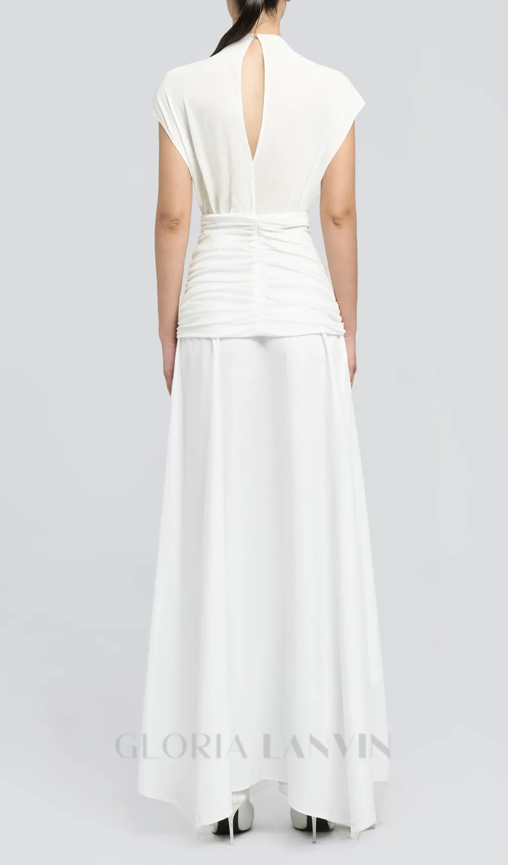 white Waist cross pleats midi dress with asymmetric hemline Gloria Lanvin