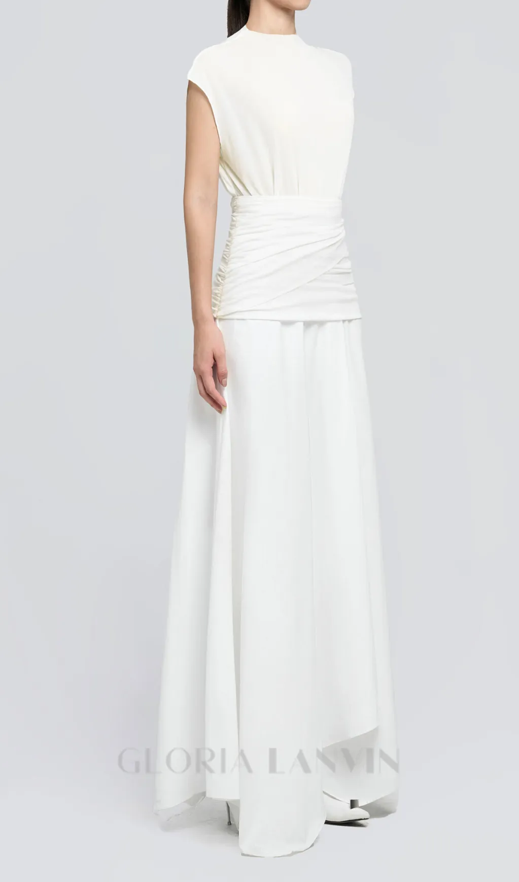 white Waist cross pleats midi dress with asymmetric hemline Gloria Lanvin