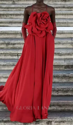 winifred 3d flower strap maxi dress in red Gloria Lanvin