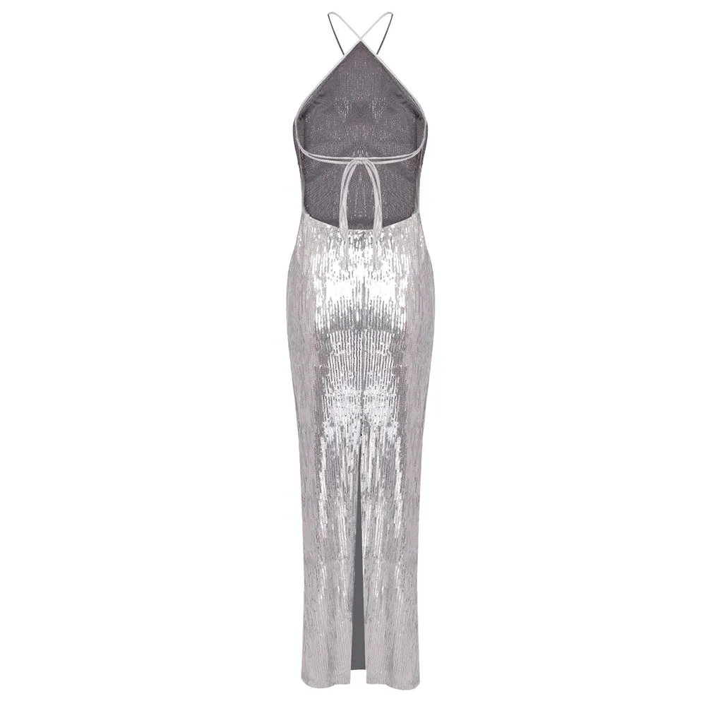 WINIFRED FLORAL-APPLIQU SEQUIN MAXI DRESS SILVER Gloria Lanvin