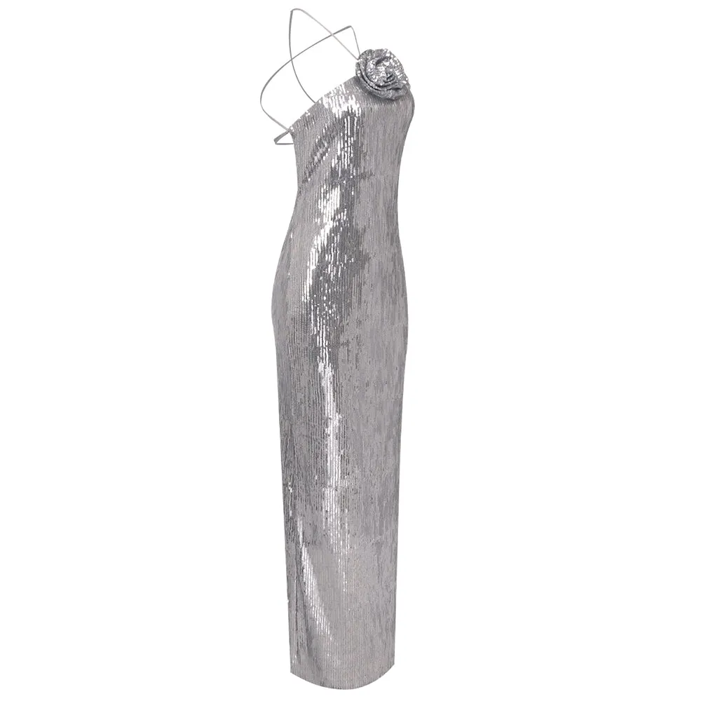 WINIFRED FLORAL-APPLIQU SEQUIN MAXI DRESS SILVER Gloria Lanvin