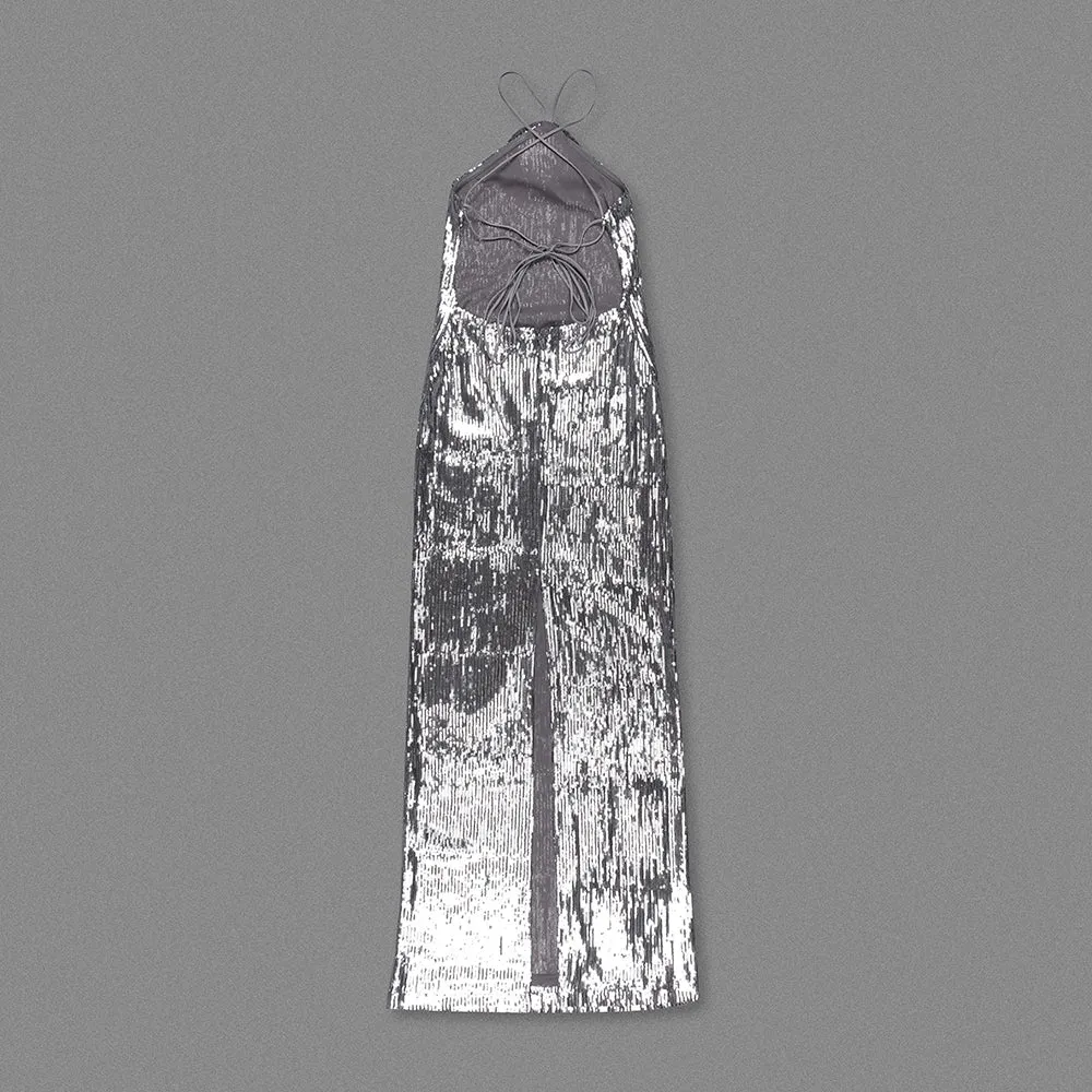 WINIFRED FLORAL-APPLIQU SEQUIN MAXI DRESS SILVER Gloria Lanvin