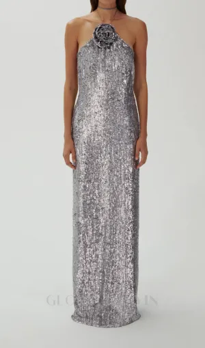 WINIFRED FLORAL-APPLIQU SEQUIN MAXI DRESS SILVER Gloria Lanvin