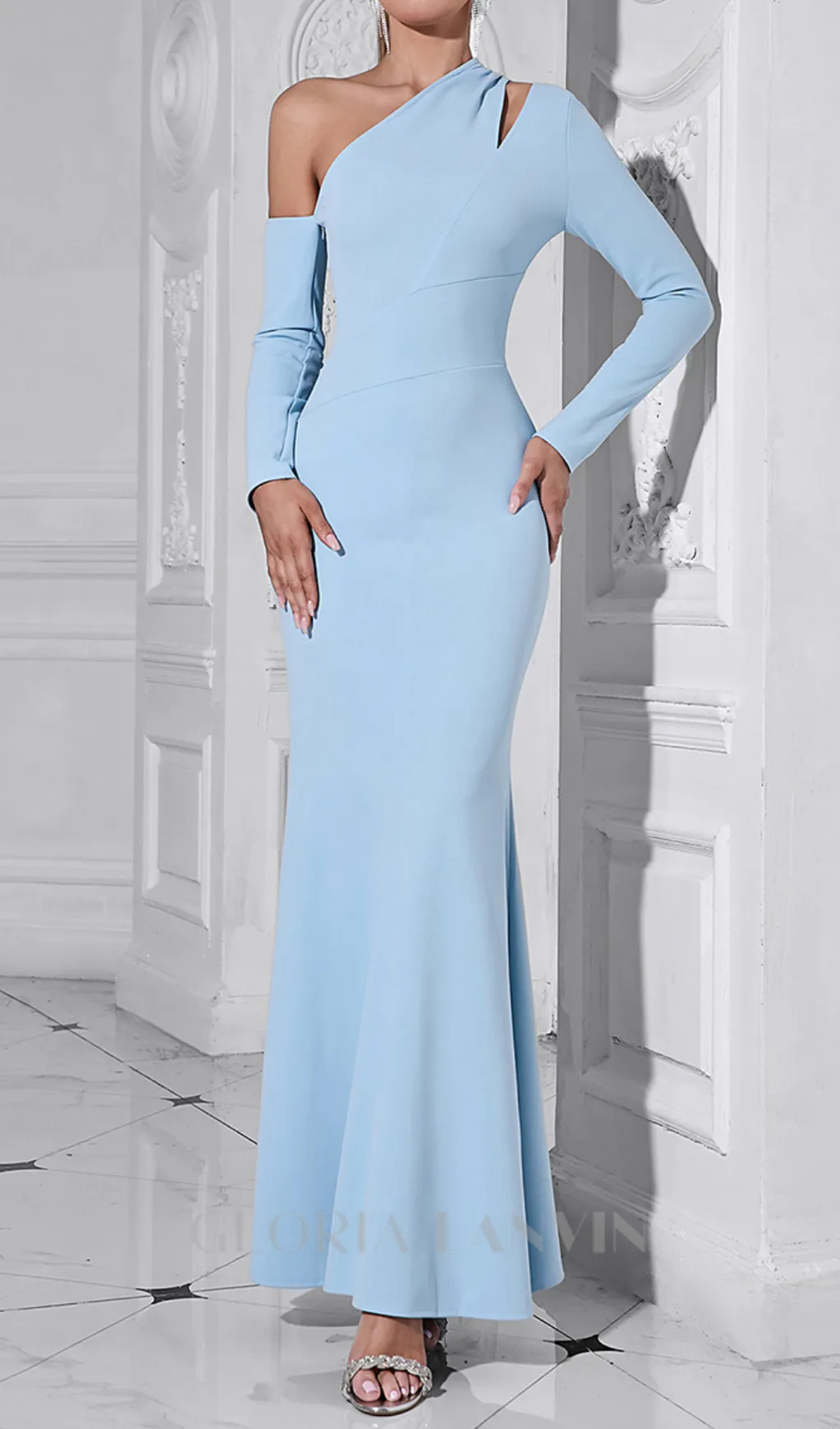 XYLIA BLUE ASYMMETRICAL ONE-SHOULDER BODYCON MAXI DRESS Gloria Lanvin