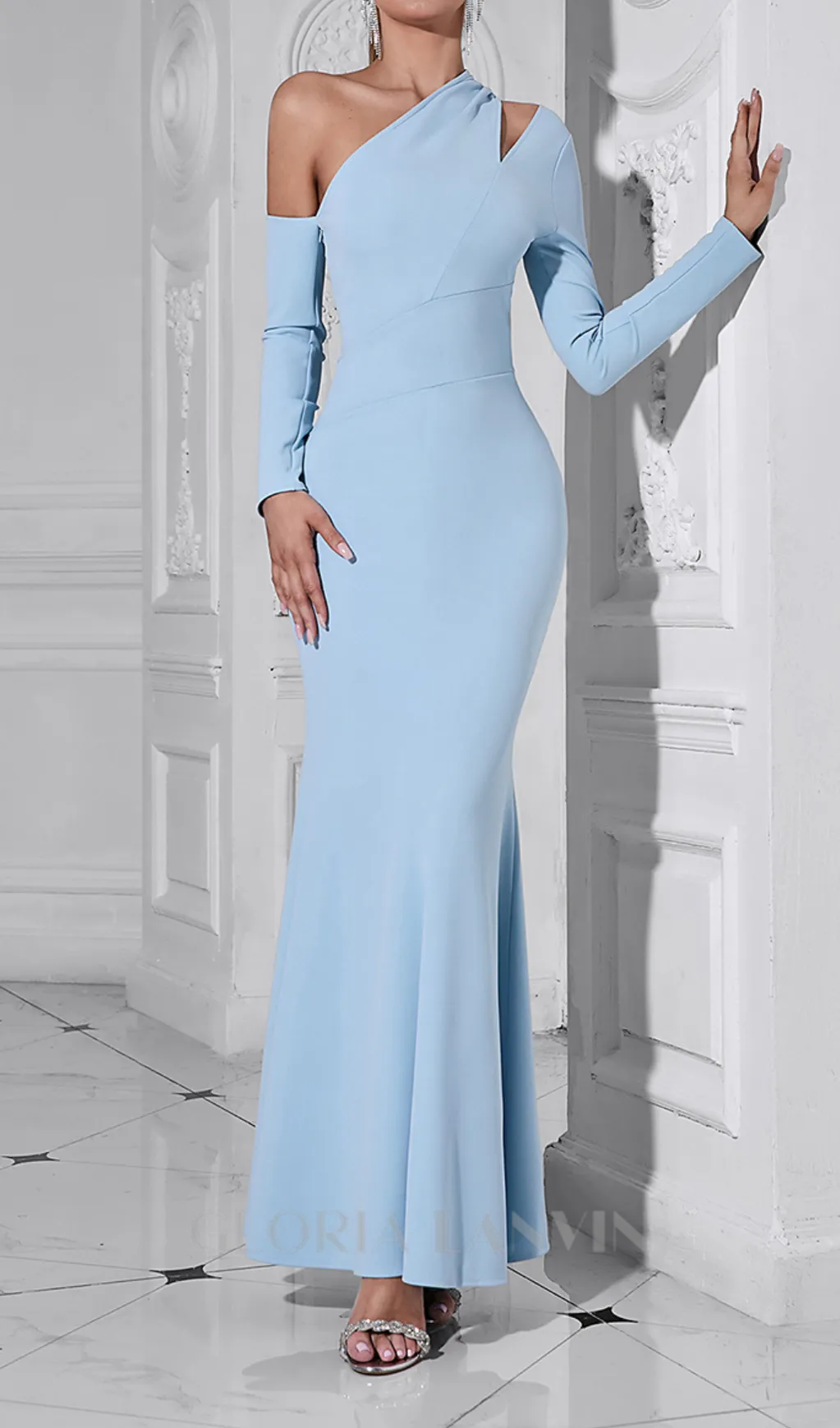 XYLIA BLUE ASYMMETRICAL ONE-SHOULDER BODYCON MAXI DRESS Gloria Lanvin