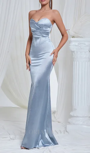 YEDDA GREY RUCHED BODYCON STRAPLESS MAXI DRESS Gloria Lanvin