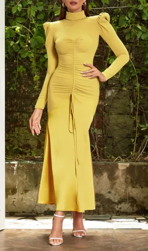 YELLOW LONG SLEEVE RUCHED SATIN MAXI DRESS Gloria Lanvin