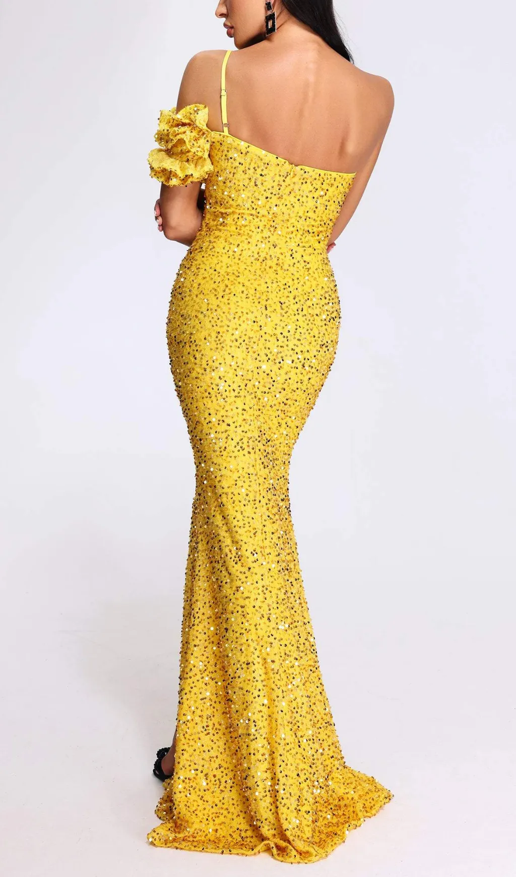 YELLOW ONE SHOULDER SEQUINED SLIT MAXI DRESS Gloria Lanvin