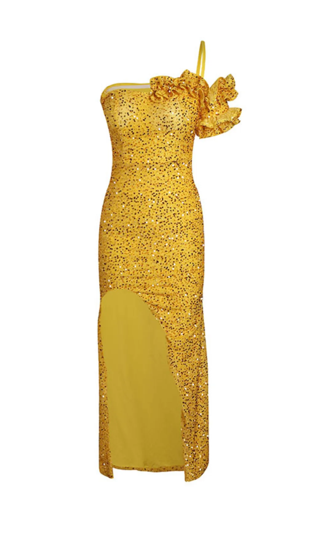 YELLOW ONE SHOULDER SEQUINED SLIT MAXI DRESS Gloria Lanvin