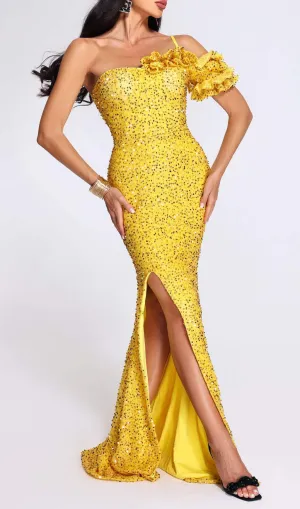 YELLOW ONE SHOULDER SEQUINED SLIT MAXI DRESS Gloria Lanvin