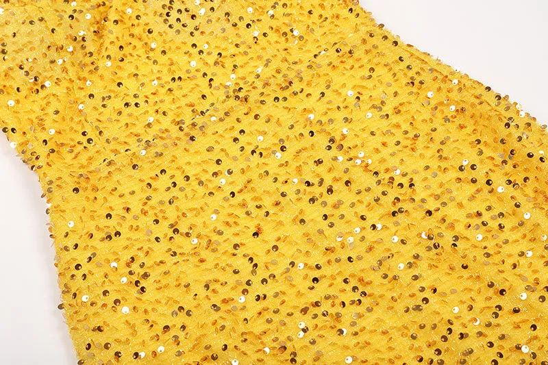 YELLOW ONE SHOULDER SEQUINED SLIT MAXI DRESS Gloria Lanvin