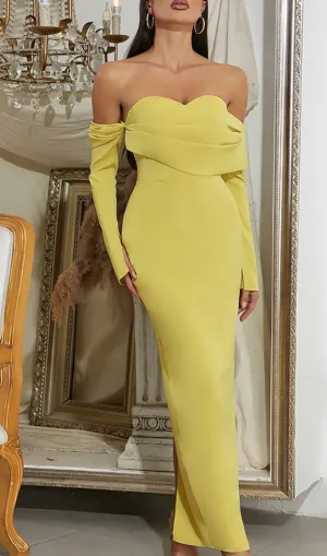 YELLOW ONE-SHOULDER STRAPLESS LONG-SLEEVED PLEATED MAXI DRESS Gloria Lanvin
