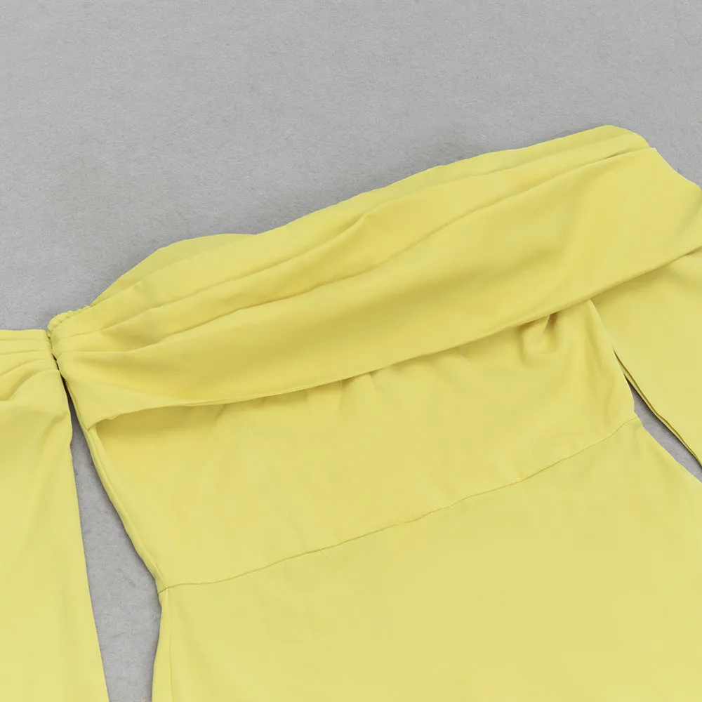 YELLOW ONE-SHOULDER STRAPLESS LONG-SLEEVED PLEATED MAXI DRESS Gloria Lanvin