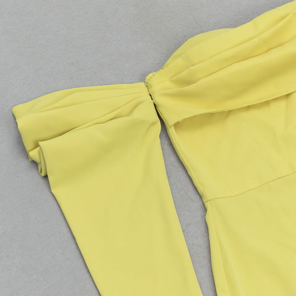 YELLOW ONE-SHOULDER STRAPLESS LONG-SLEEVED PLEATED MAXI DRESS Gloria Lanvin