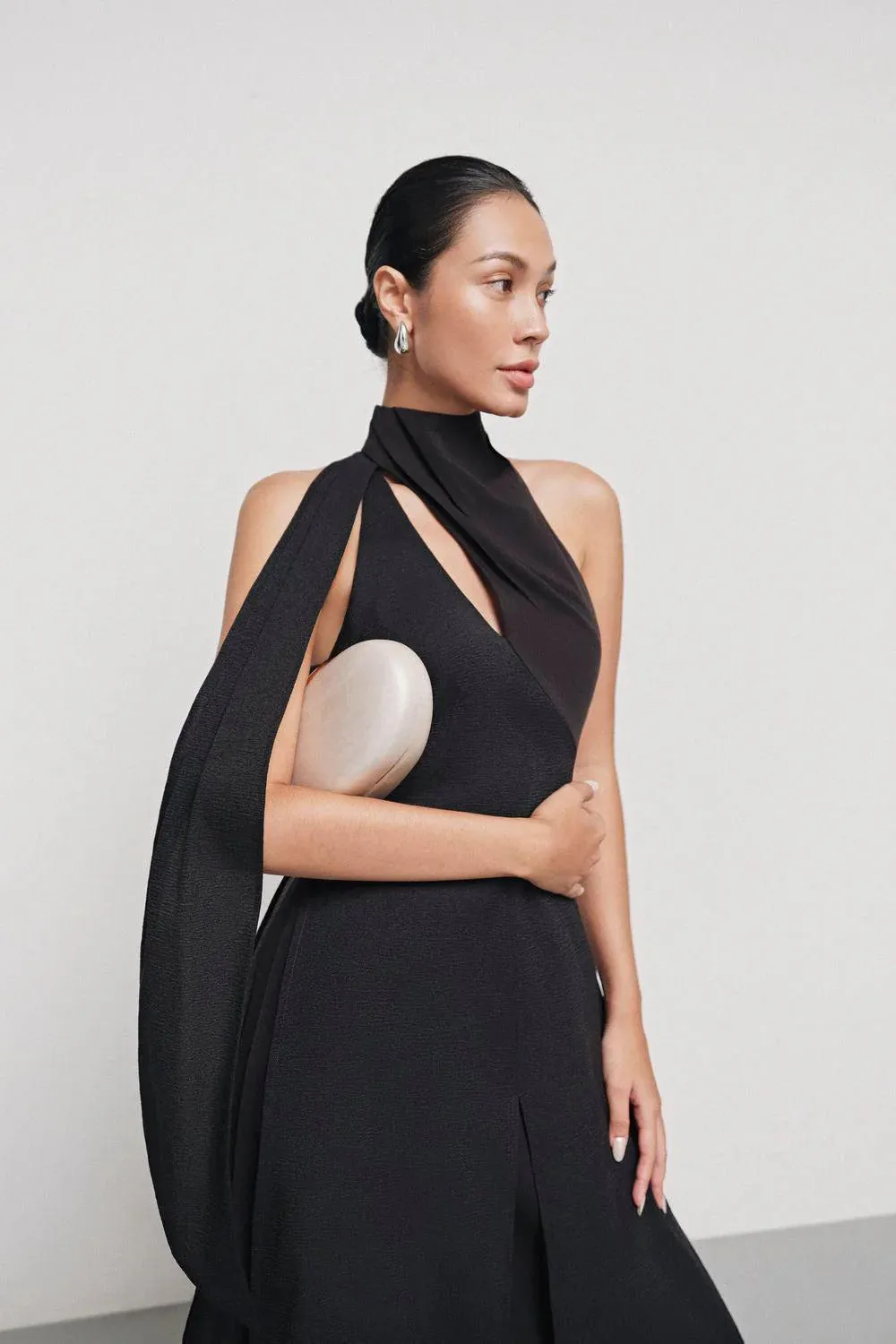 Yen Layered High Neck Floss Silk maxi Dress in black Gloria Lanvin