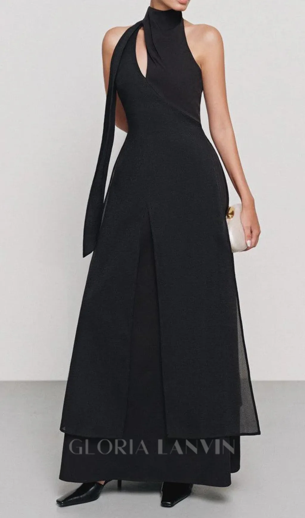 Yen Layered High Neck Floss Silk maxi Dress in black Gloria Lanvin
