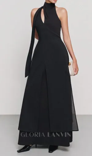 Yen Layered High Neck Floss Silk maxi Dress in black Gloria Lanvin