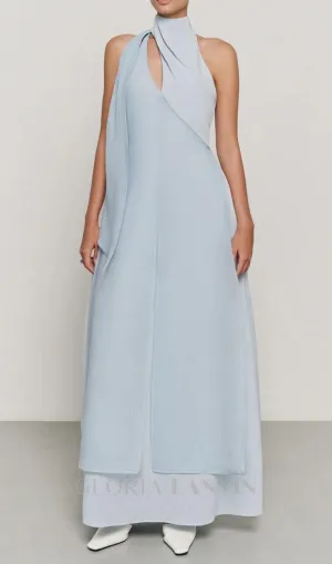 Yen Layered High Neck Floss Silk maxi Dress in blue Gloria Lanvin