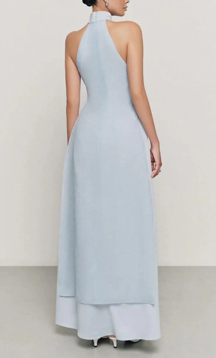 Yen Layered High Neck Floss Silk maxi Dress in blue Gloria Lanvin