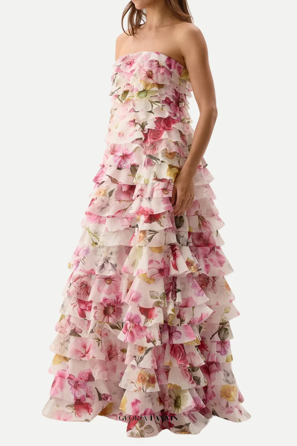 yetta Strapless Floral Printed Layered Maxi Dress Gloria Lanvin