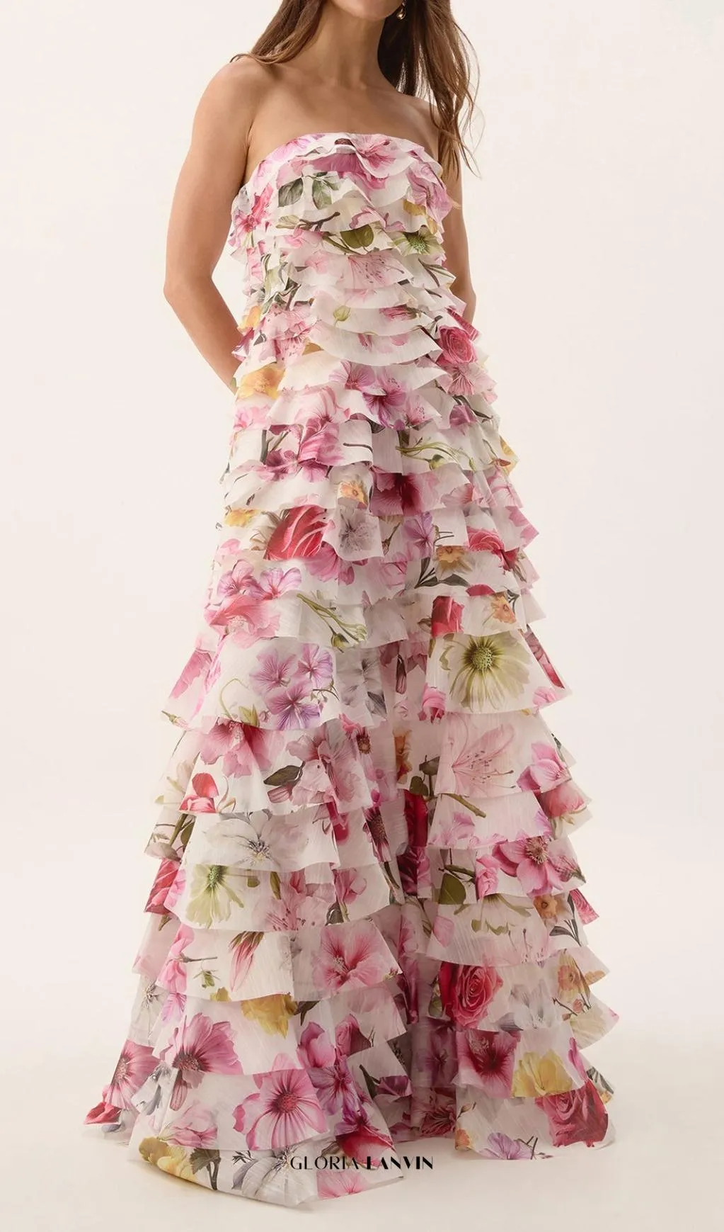 yetta Strapless Floral Printed Layered Maxi Dress Gloria Lanvin