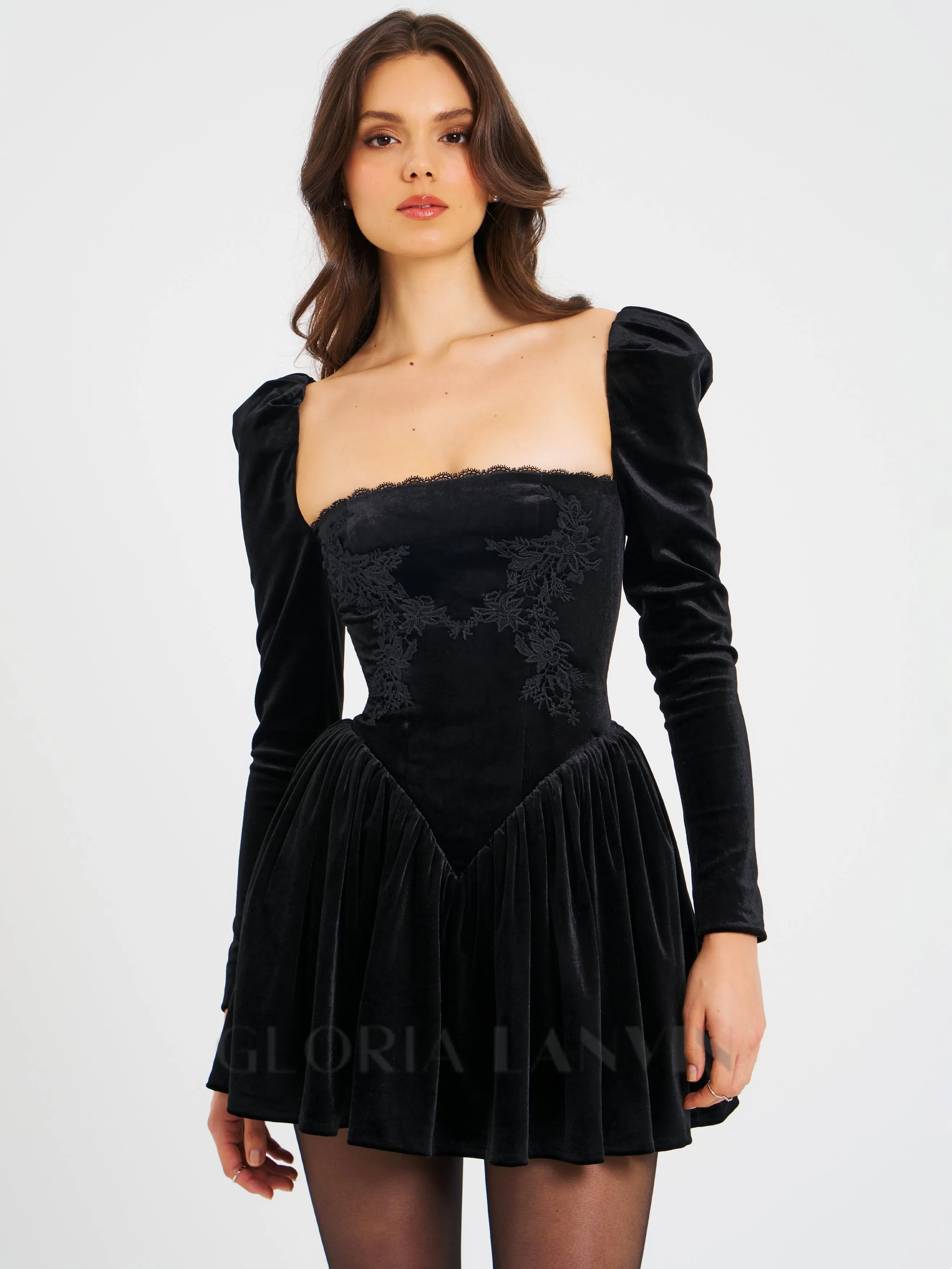 Yolanda Black Velvet Long Sleeve Mini Dress with Lace Trim Gloria Lanvin