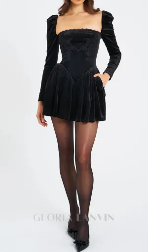 Yolanda Black Velvet Long Sleeve Mini Dress with Lace Trim Gloria Lanvin