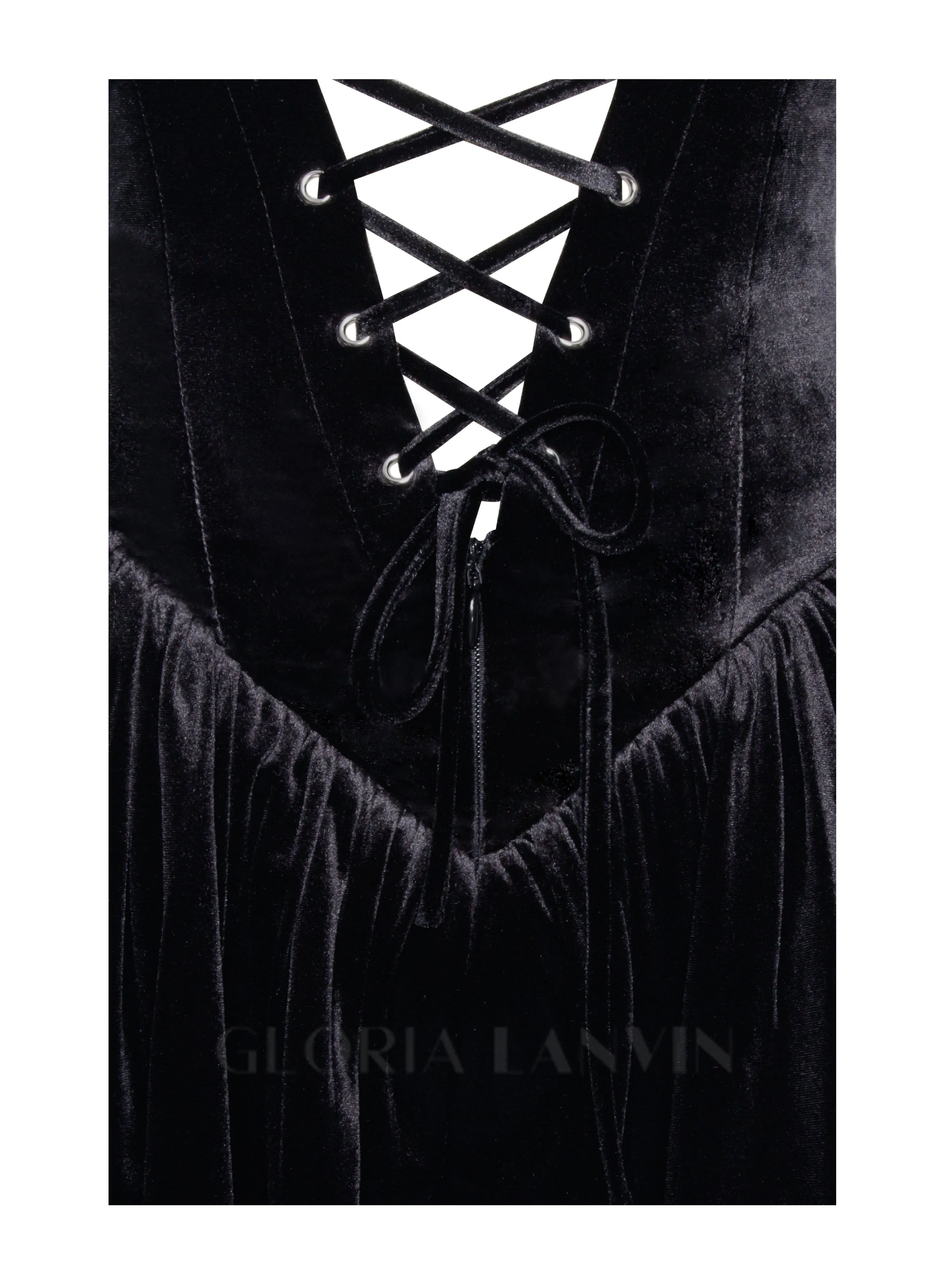 Yolanda Black Velvet Long Sleeve Mini Dress with Lace Trim Gloria Lanvin