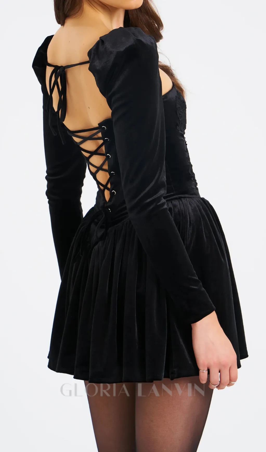 Yolanda Black Velvet Long Sleeve Mini Dress with Lace Trim Gloria Lanvin