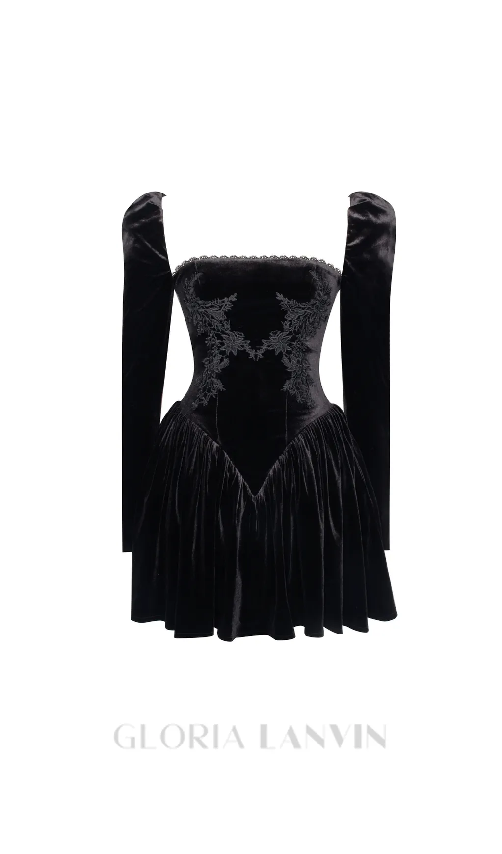 Yolanda Black Velvet Long Sleeve Mini Dress with Lace Trim Gloria Lanvin