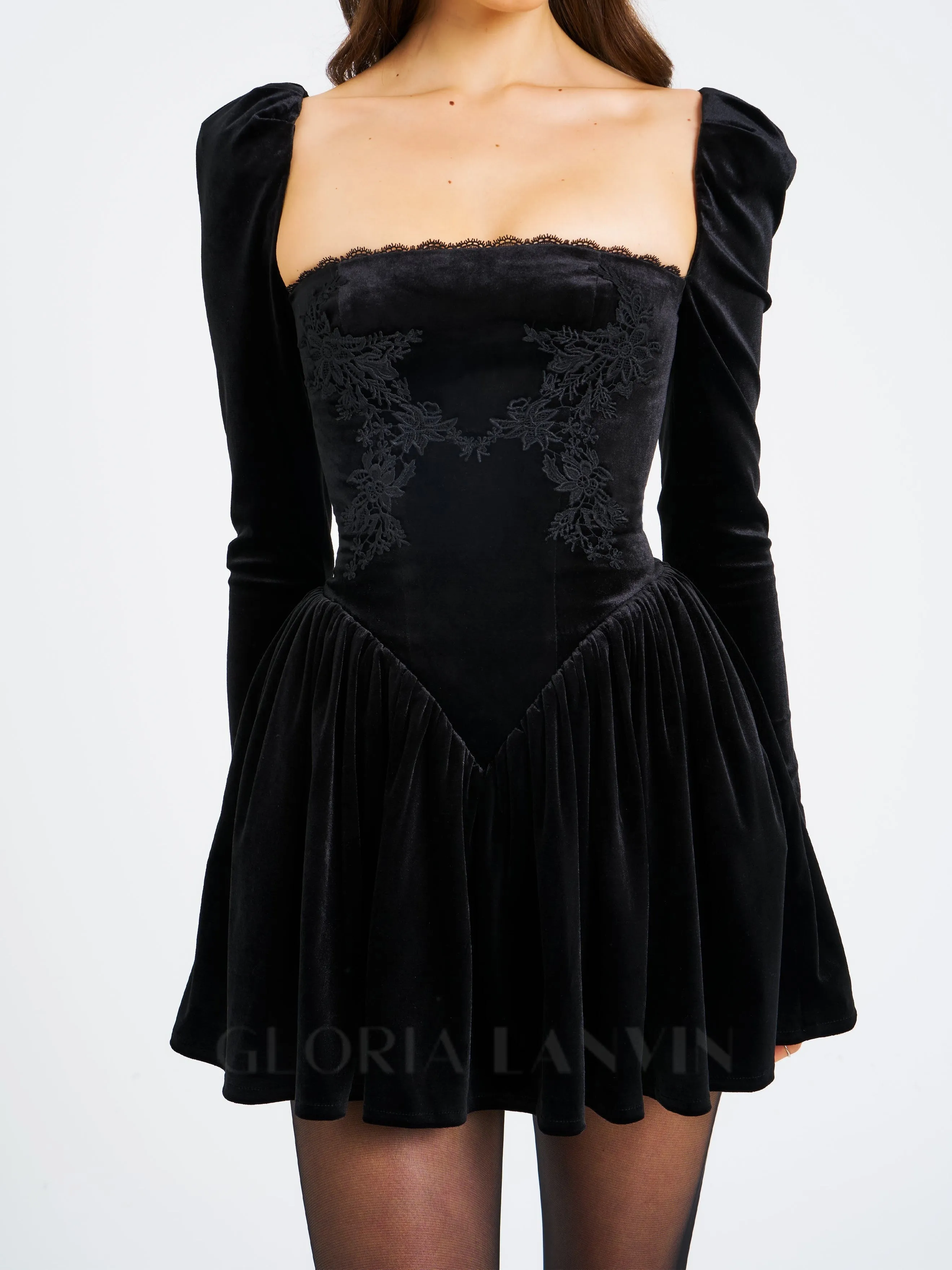 Yolanda Black Velvet Long Sleeve Mini Dress with Lace Trim Gloria Lanvin