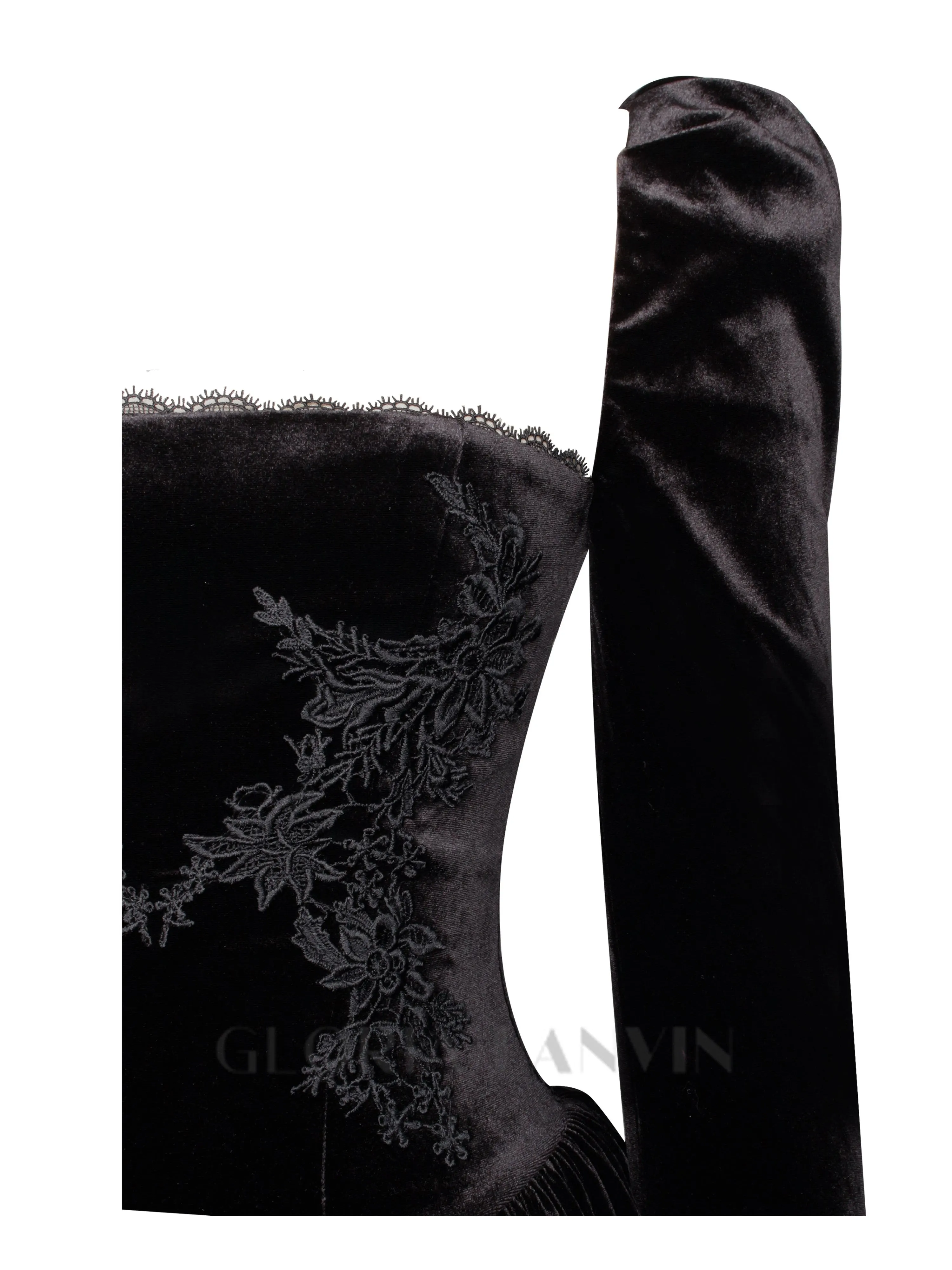 Yolanda Black Velvet Long Sleeve Mini Dress with Lace Trim Gloria Lanvin