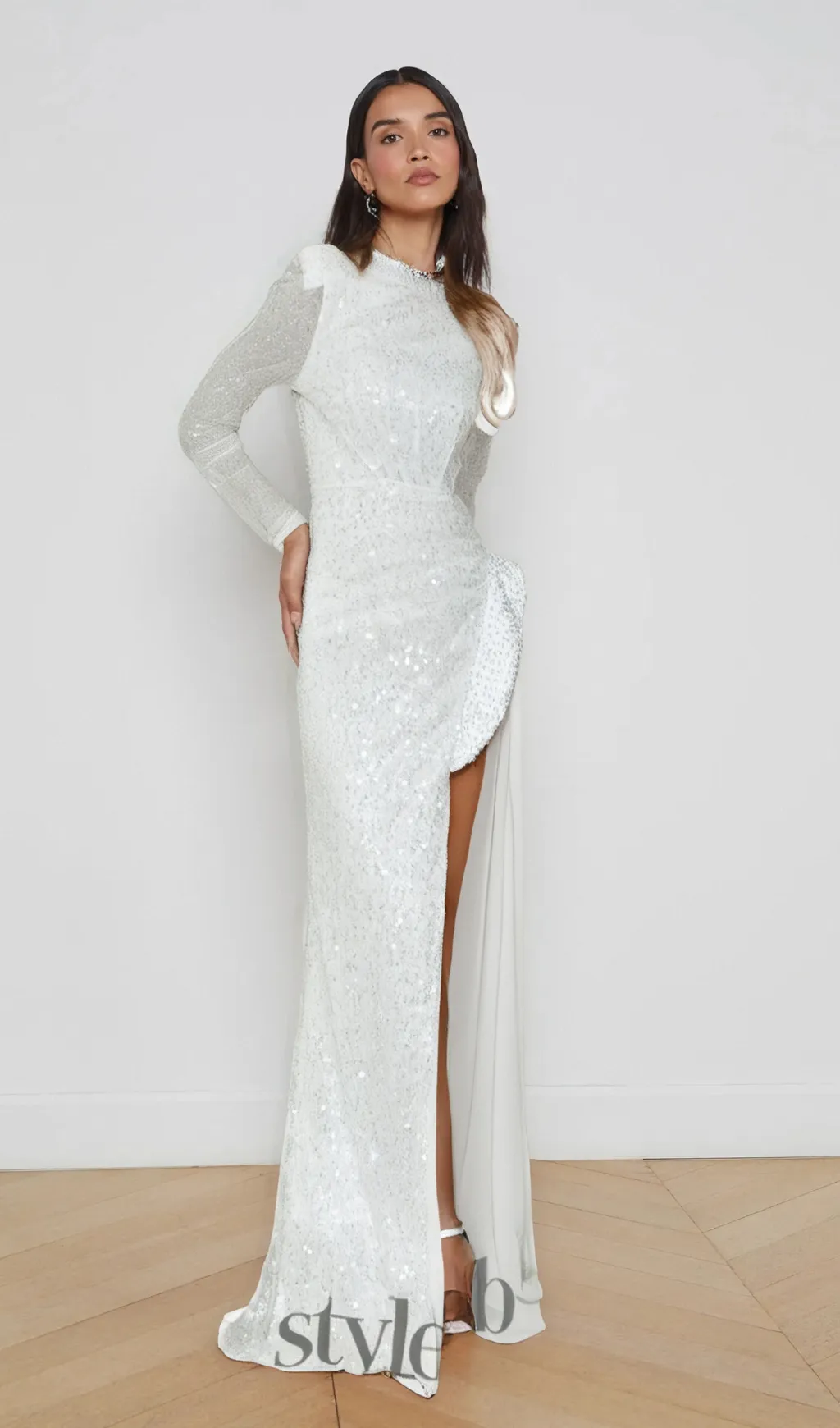 YVETTE PEARL EMBELLISHED SEQUIN MAXI DRESS IN WHITE Gloria Lanvin