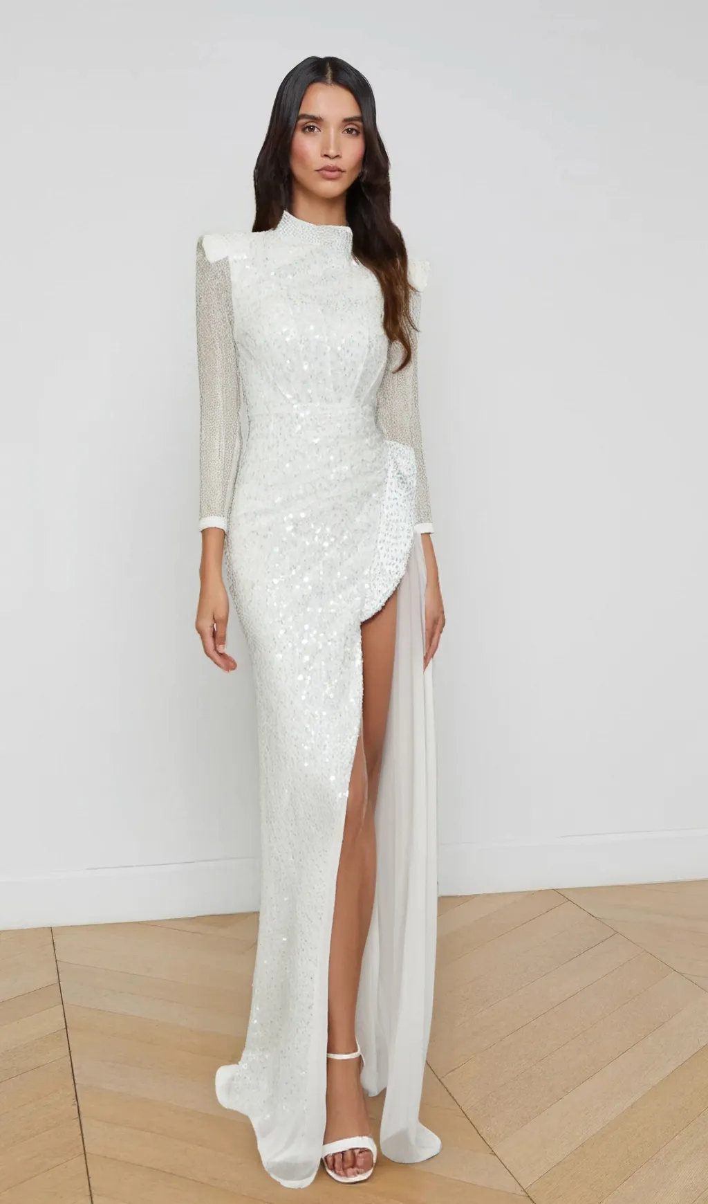 YVETTE PEARL EMBELLISHED SEQUIN MAXI DRESS IN WHITE Gloria Lanvin