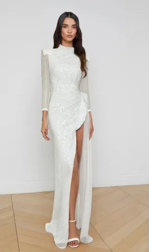 YVETTE PEARL EMBELLISHED SEQUIN MAXI DRESS IN WHITE Gloria Lanvin