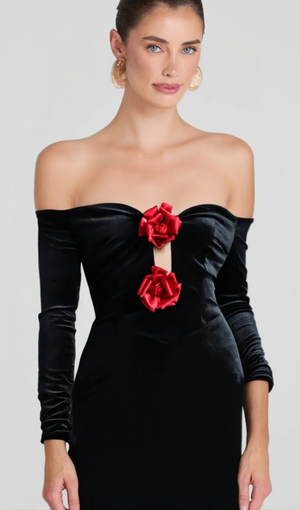 ZANNA OFF SHOULDERS FLOWERS VELVET MAXI DRESS IN BLACK Gloria Lanvin