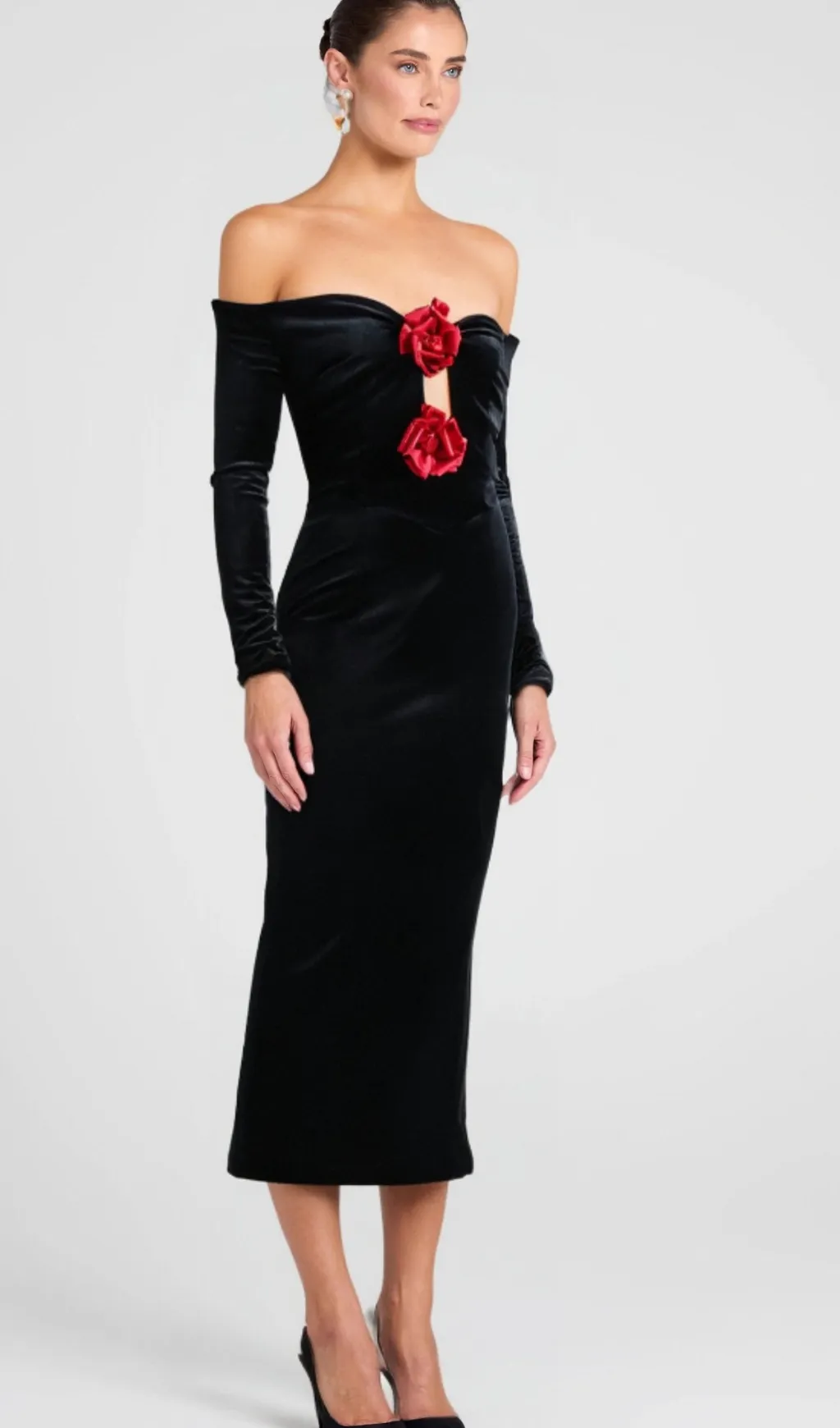 ZANNA OFF SHOULDERS FLOWERS VELVET MAXI DRESS IN BLACK Gloria Lanvin