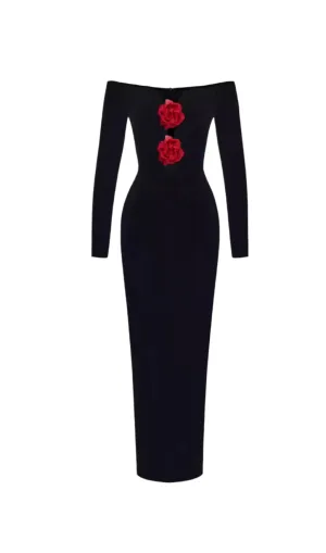 ZANNA OFF SHOULDERS FLOWERS VELVET MAXI DRESS IN BLACK Gloria Lanvin