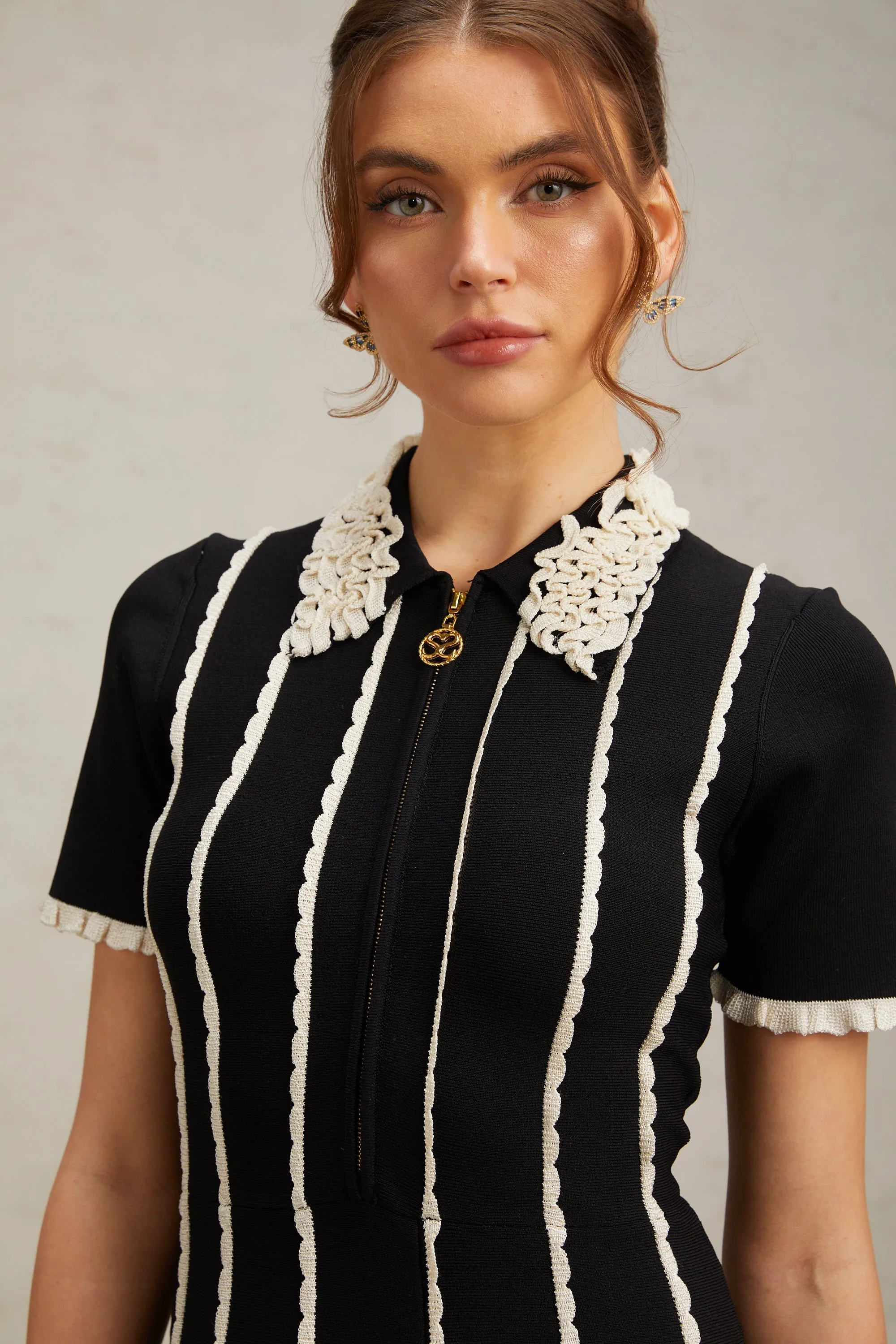 Zazie black vertical-striped ruffle-trim knit mini dress Gloria Lanvin