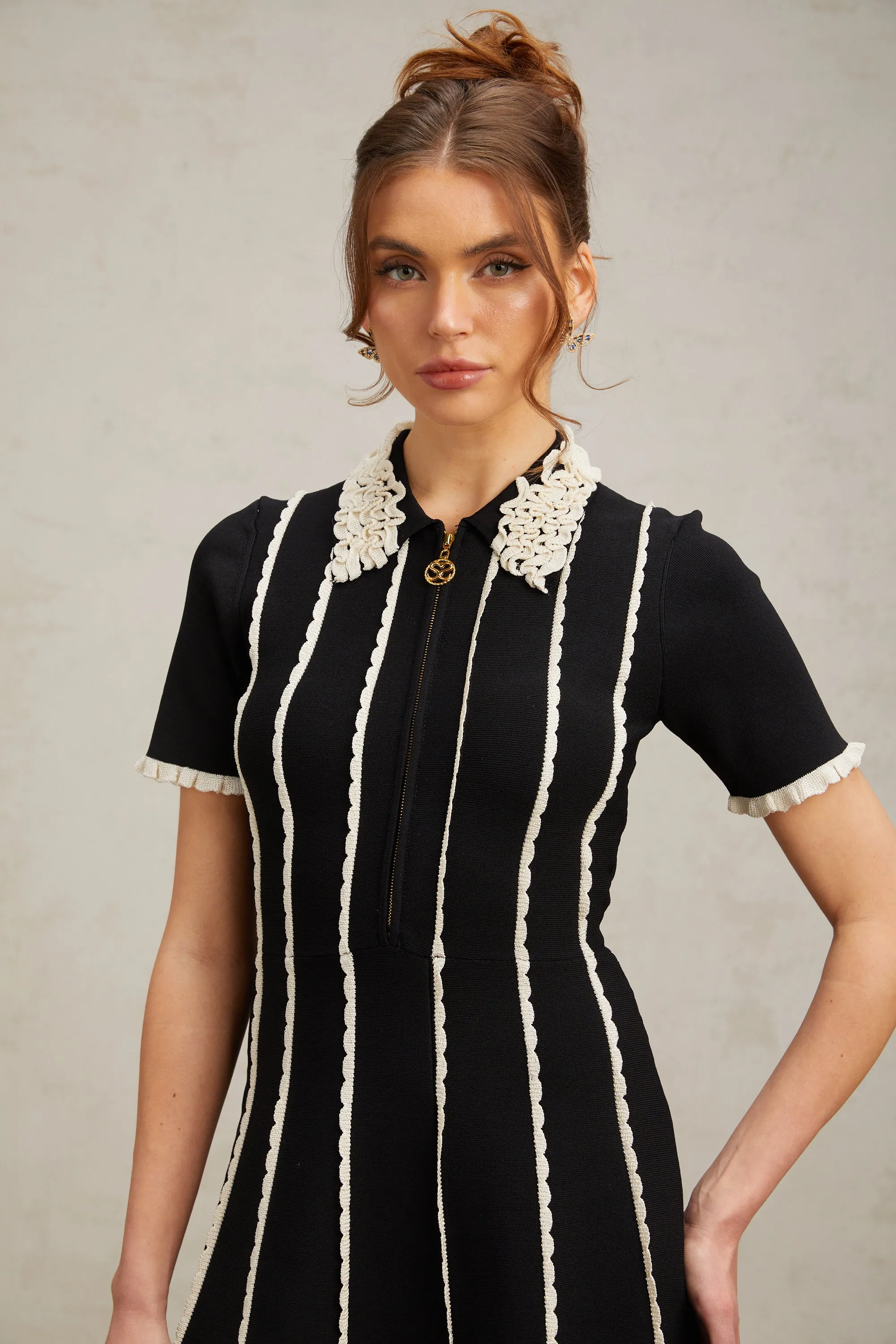 Zazie black vertical-striped ruffle-trim knit mini dress Gloria Lanvin