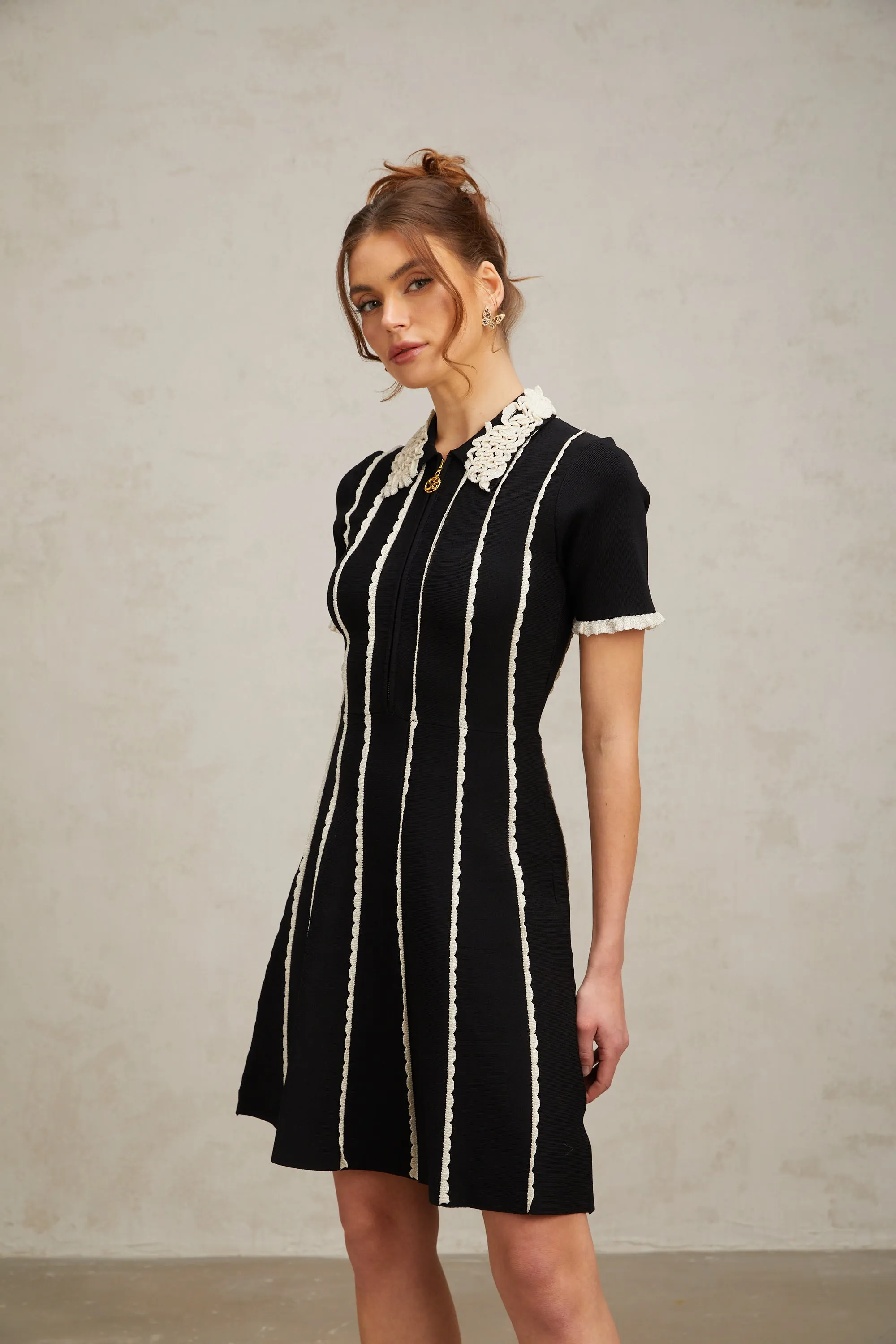 Zazie black vertical-striped ruffle-trim knit mini dress Gloria Lanvin