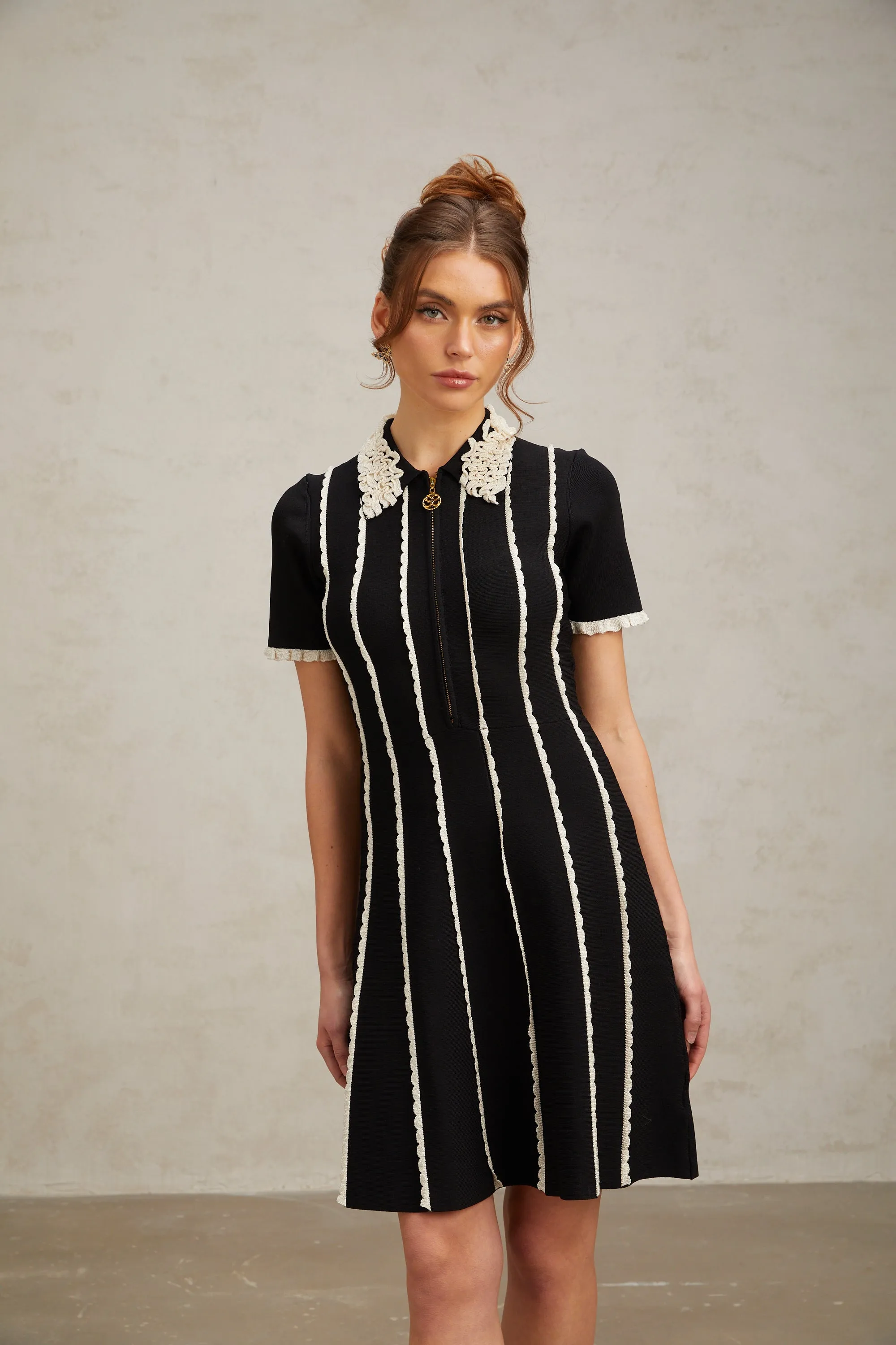 Zazie black vertical-striped ruffle-trim knit mini dress Gloria Lanvin