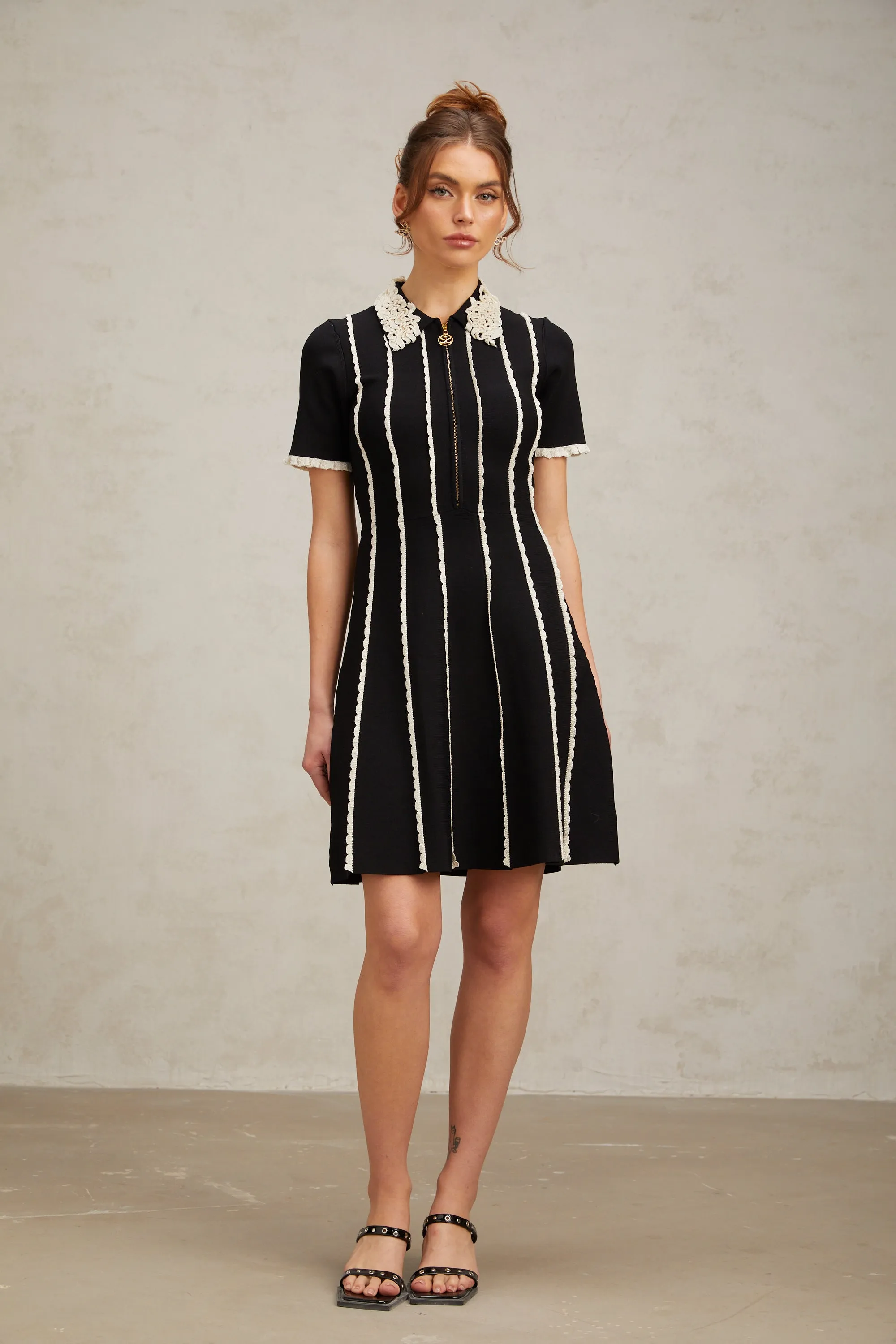 Zazie black vertical-striped ruffle-trim knit mini dress Gloria Lanvin