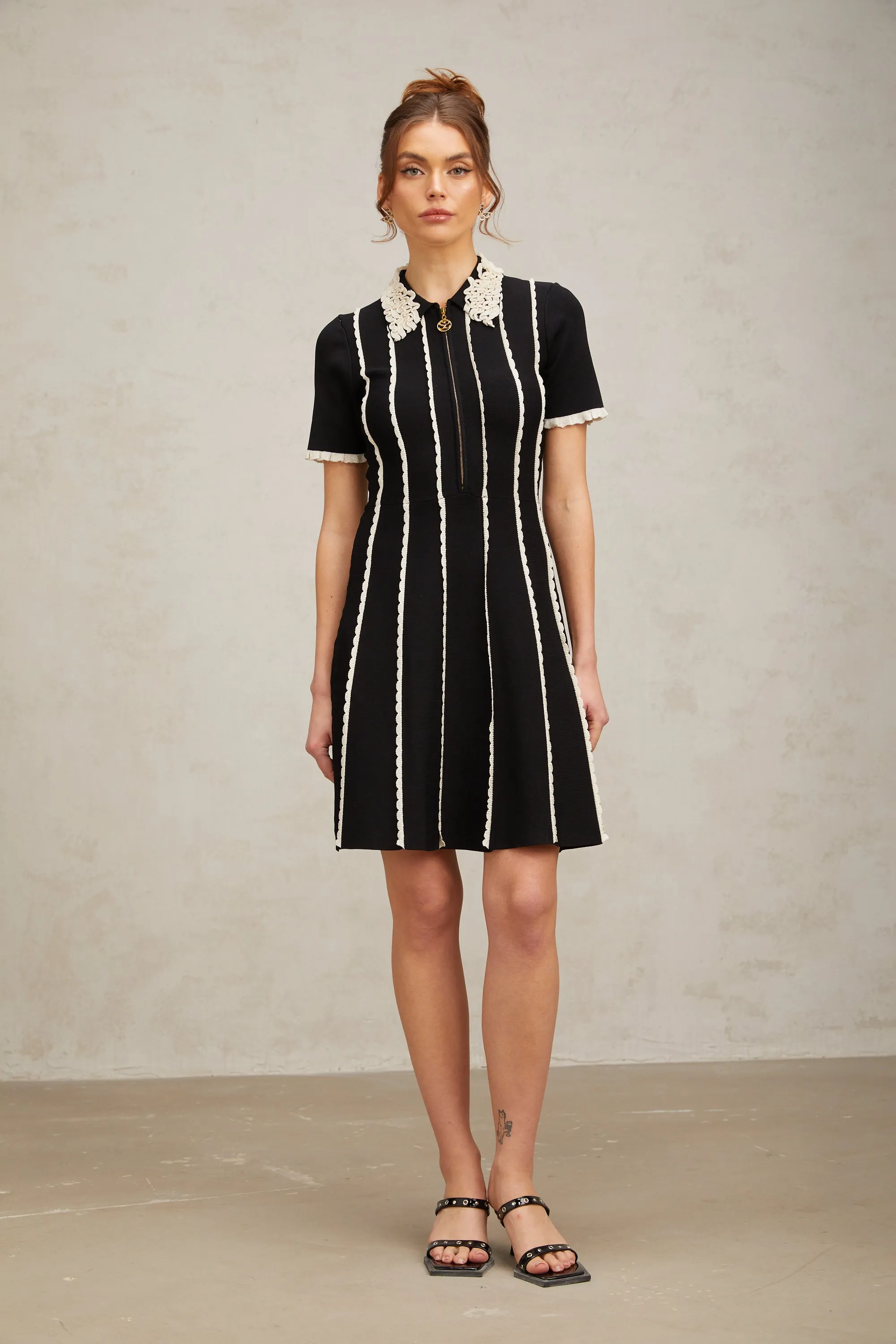 Zazie black vertical-striped ruffle-trim knit mini dress Gloria Lanvin