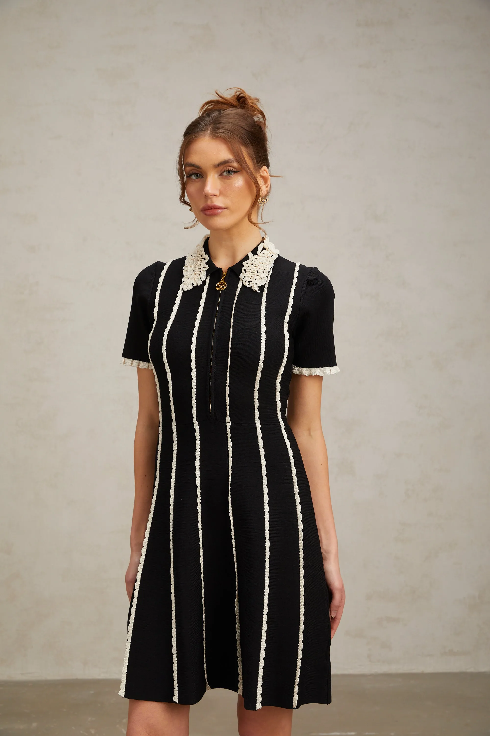 Zazie black vertical-striped ruffle-trim knit mini dress Gloria Lanvin