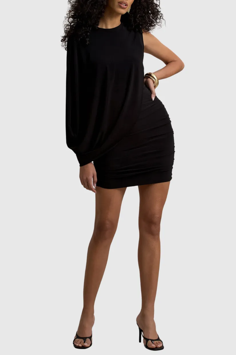 zenobia Asymmetric Shawl One Shoulder Ruched Mini Dress in Black Gloria Lanvin