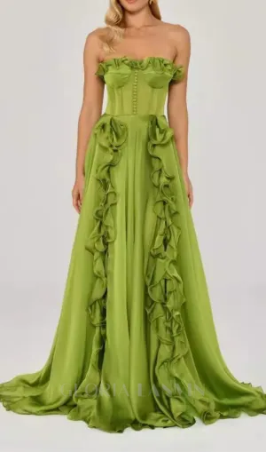 ZONA FRILL SWEETHEART NECK SLEEVELESS MAXI DRESS IN GREEN Gloria Lanvin