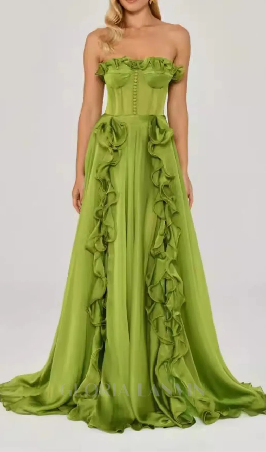 ZONA FRILL SWEETHEART NECK SLEEVELESS MAXI DRESS IN GREEN Gloria Lanvin
