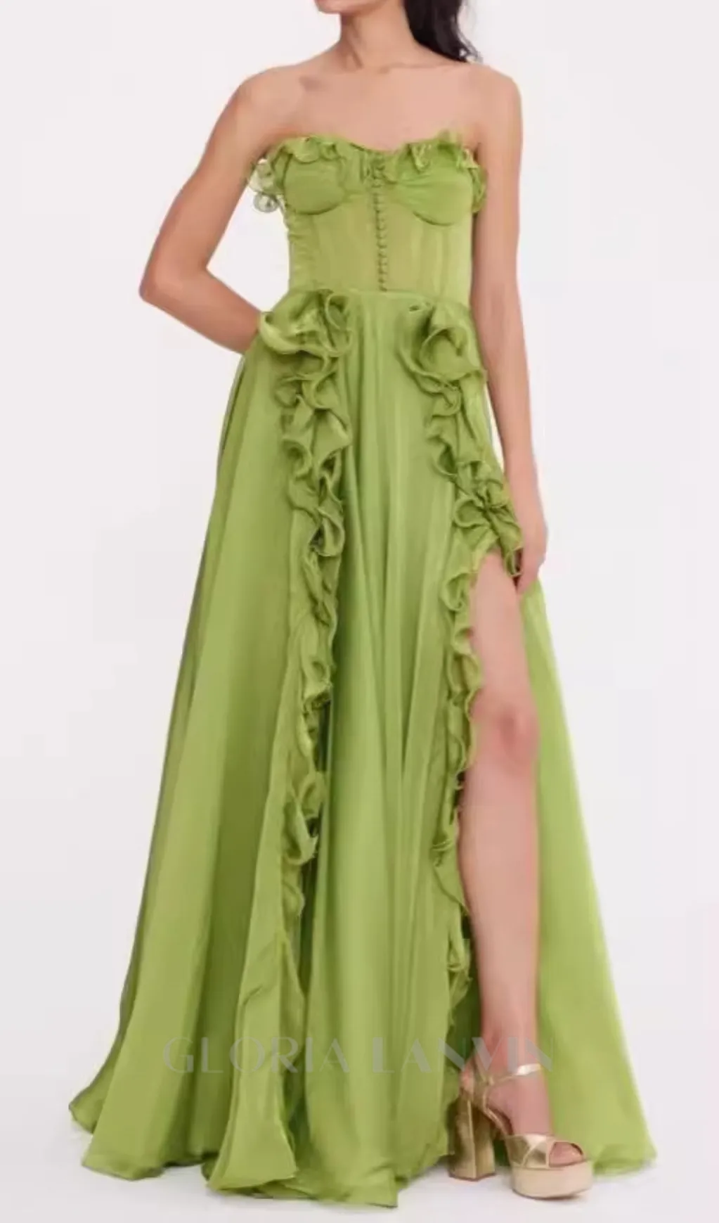 ZONA FRILL SWEETHEART NECK SLEEVELESS MAXI DRESS IN GREEN Gloria Lanvin
