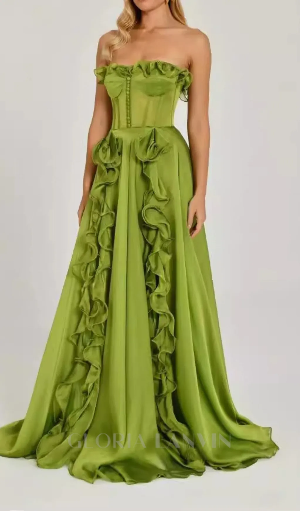 ZONA FRILL SWEETHEART NECK SLEEVELESS MAXI DRESS IN GREEN Gloria Lanvin